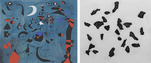 [left] Joan Miró, Personnages dans la nuit guidés par les traces phosphorescentes des escargots from the series Constellations, 1941-1959. Musee National d'Art Moderne, Centre Georges Pompidou, Paris, Image: © CNAC/MNAM, Dist. RMN-Grand Palais / Art Resource, NY, Artwork: © Successió Miró / Artists Rights Society (ARS), New York / ADAGP, Paris [right] Jean Arp, According to the Laws of Chance, 1933. Tate, London, Image: © Tate, London / Art Resource, NY, Artwork: © DACS, London / Artists Rights Society (ARS), New York